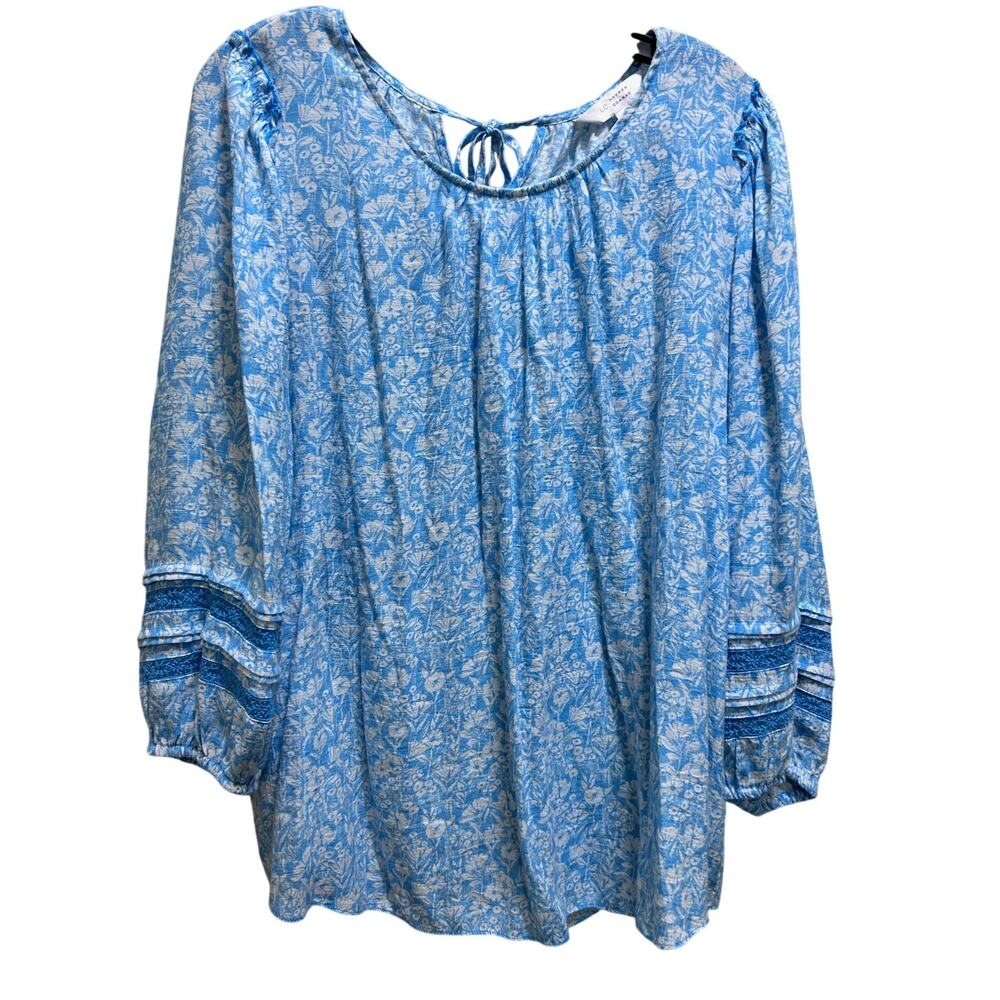LC Lauren Conrad Blue Floral Peasant Blouse XL Boho Tie Neck Bell Sleeve Top - Picture 2 of 5